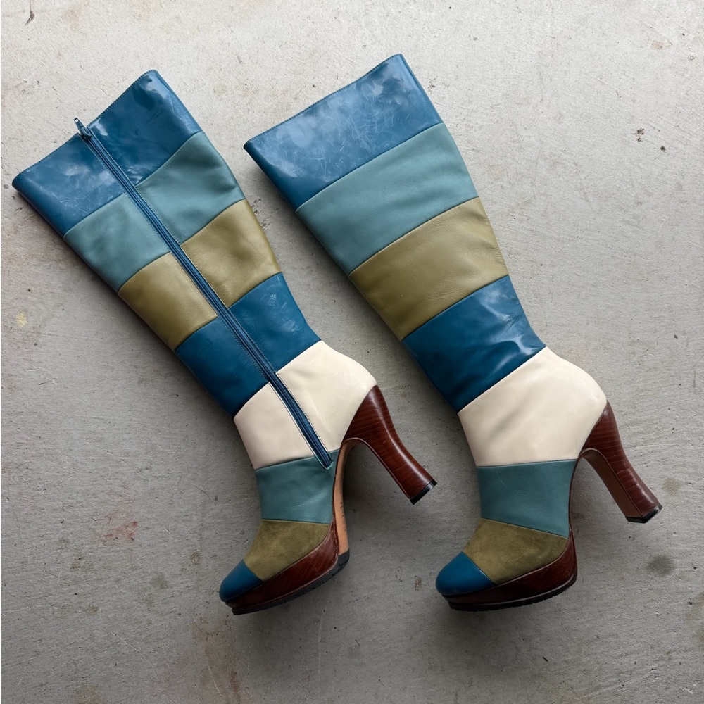 John Fluevog Blue and Green striped tall platform boots